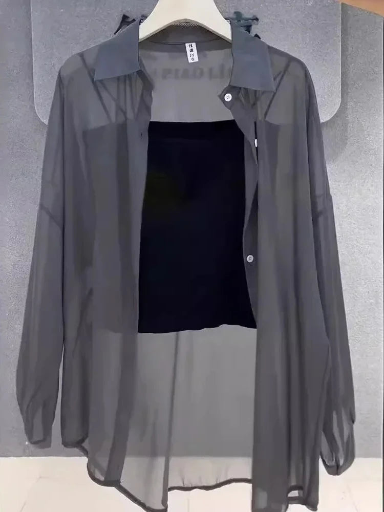 Plus Size Women’s Tops 2025 Summer Breathable and Sun-Proof Ice Silk Button Thin Loose Sheer Chiffon Blouses Shirts Long Sleeve