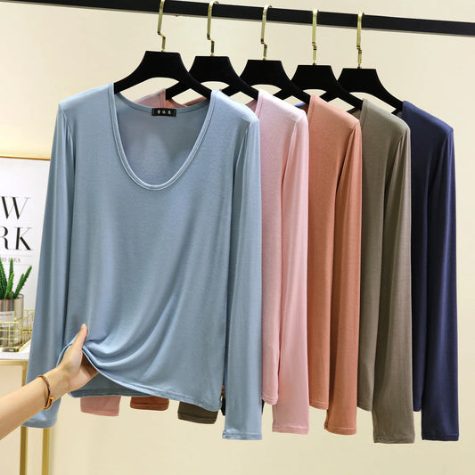 Plus size L to 6XL U-Neck Women's T-shirt Long sleeves Loose Bottomed Tshirts solid color Casual Tee Tops All match