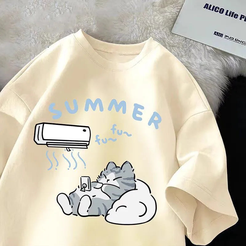 Summer Japanese Cartoon Cute Cat Fun Print Short Sleeve T-shirt Women's Loose Casual Half Sleeve Soft Bottom Plus Size Shirt Top