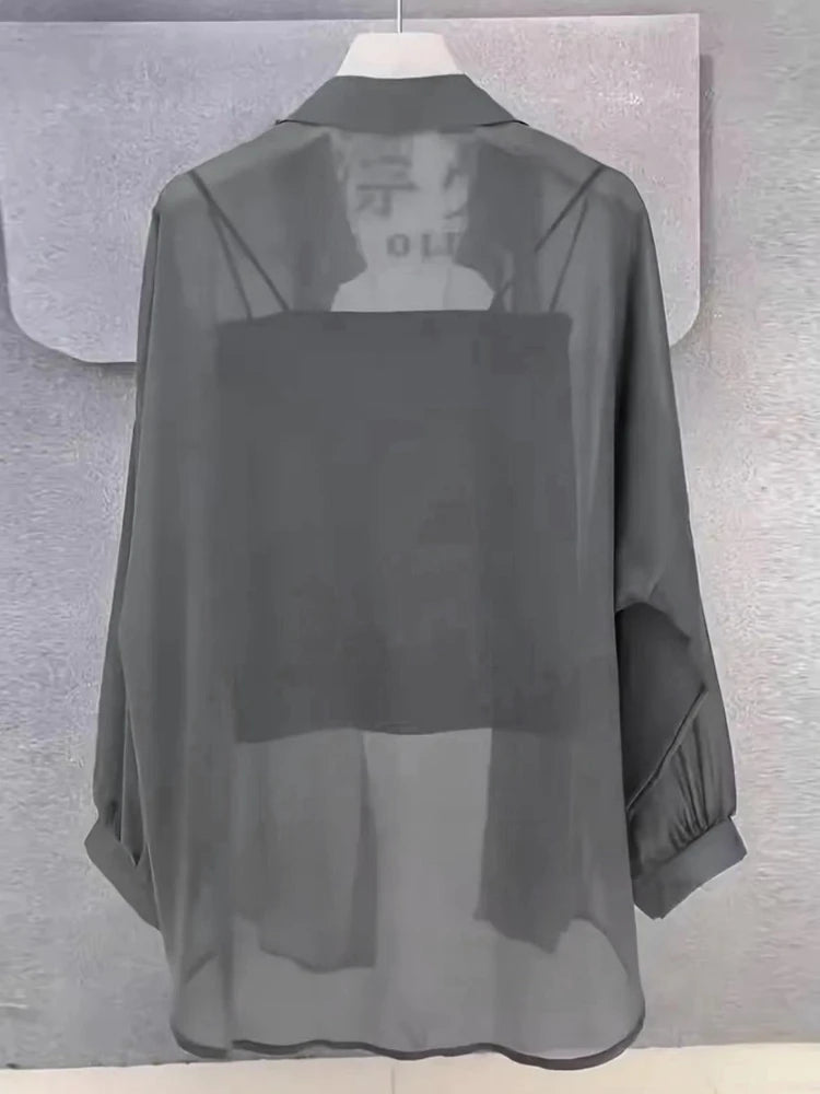 Plus Size Women’s Tops 2025 Summer Breathable and Sun-Proof Ice Silk Button Thin Loose Sheer Chiffon Blouses Shirts Long Sleeve