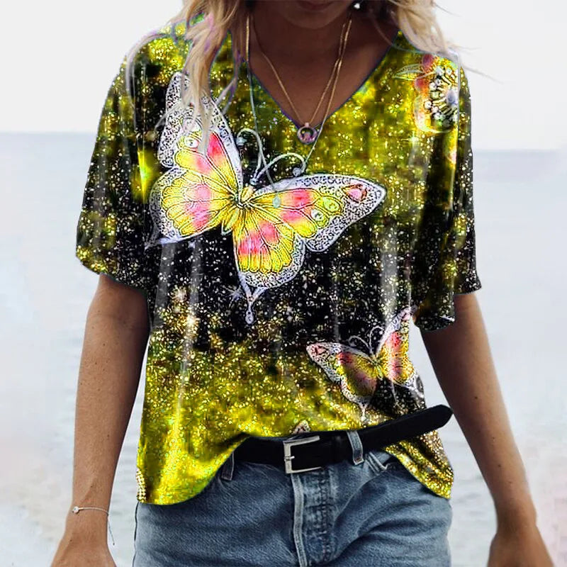5XL Oversized Women 3D Butterfly Print T Shirt Summer 2021 Casual Half Sleeve V-Neck Loose Pullover Shirt Ladies Tops Large Size