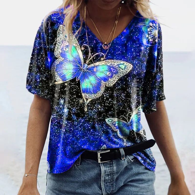 5XL Oversized Women 3D Butterfly Print T Shirt Summer 2021 Casual Half Sleeve V-Neck Loose Pullover Shirt Ladies Tops Large Size