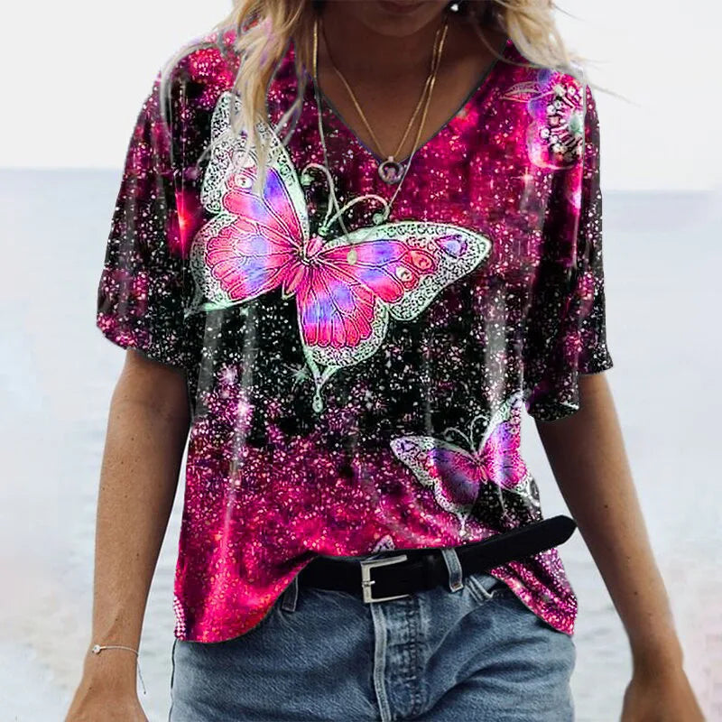 5XL Oversized Women 3D Butterfly Print T Shirt Summer 2021 Casual Half Sleeve V-Neck Loose Pullover Shirt Ladies Tops Large Size