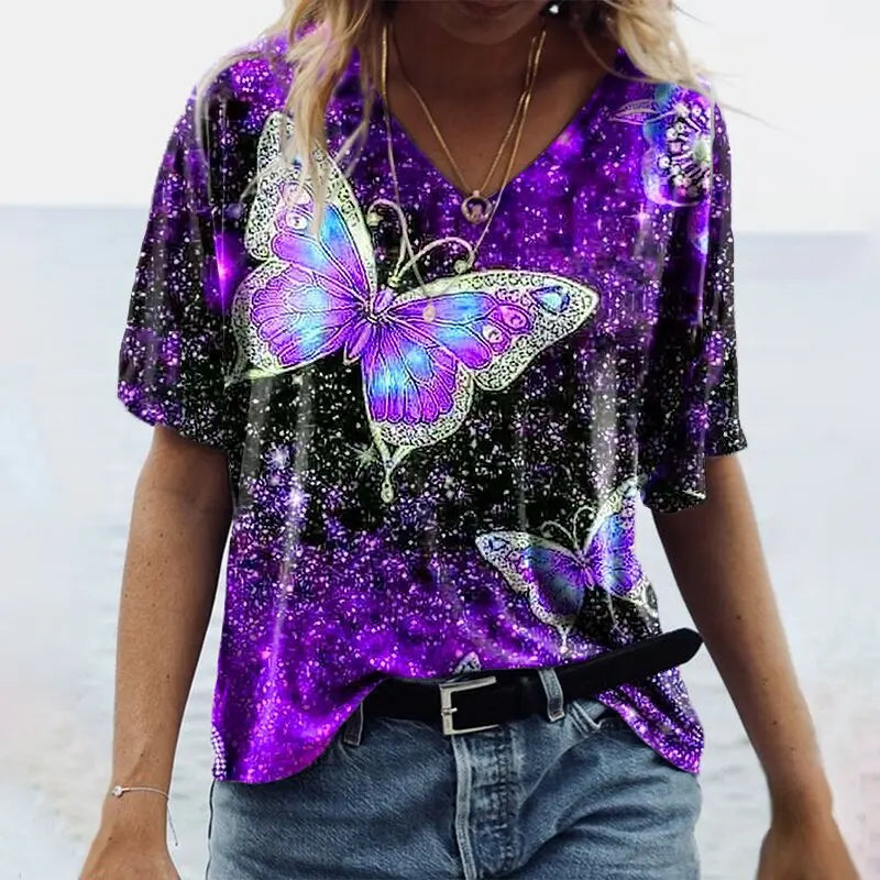 5XL Oversized Women 3D Butterfly Print T Shirt Summer 2021 Casual Half Sleeve V-Neck Loose Pullover Shirt Ladies Tops Large Size